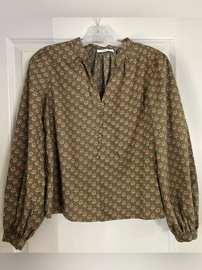 Avara Olive Green Floral V-Neck Blouse